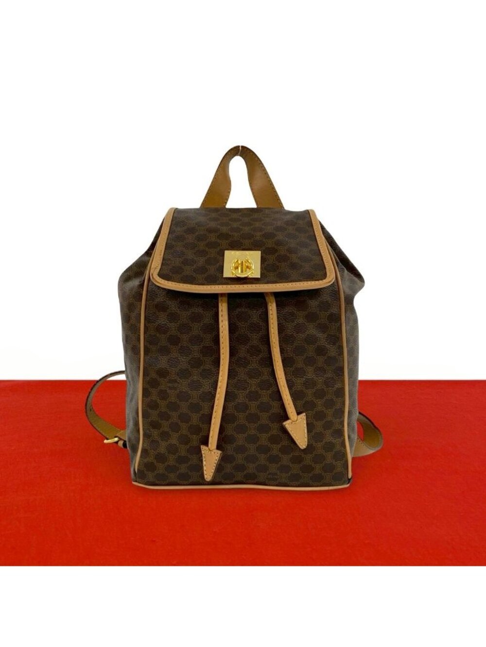 Celine Vintage Macadam Blason Triomphe Pattern Logo Ring Leather Backpack Brown